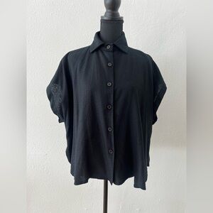 Vintage Black Woven Textured 100% Silk Lagenlook Minimalist Top